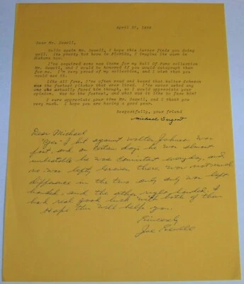 Carta escrita a mano firmada por Joe Sewell Walter Johnson Lefty Grove Contenido BAS LOA Foto 1 de 4