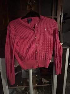 Polo Ralph Lauren Kids Cardigan Cable Knit Kids Girl M/8-10 Pink Sweater Cotton - Picture 1 of 2