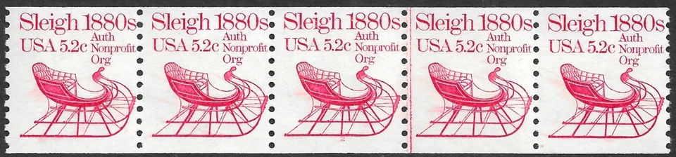 US Stamp #1900 5.2c. Sleigh Coil Strip of 5 Plate #2 MNH - Image 1 of 1