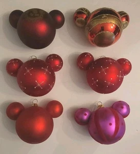 DISNEY MICKEY HEAD Christmas ORNAMENTS Glass red gold lot 6 - Picture 1 of 5