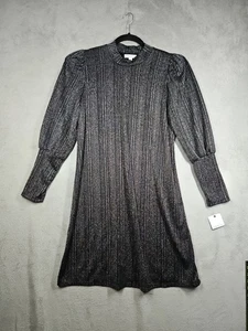 Abito al ginocchio Ophelia Roe abbagliante nero argento metallizzato finto collo Bishop Slv taglia M - Foto 1 di 15