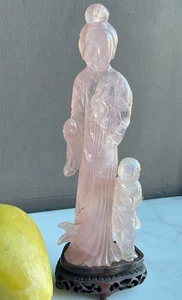 Vintage Rose Quartz Mother and Child Sculpture on a carved Wood Base - Picture 1 of 11