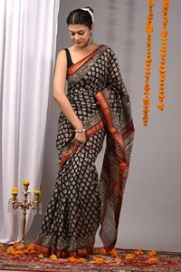 Indian Hand Print Silk Saree For Women Beautiful Wedding Wear Dress Sari Blouse - Imagen 1 de 3
