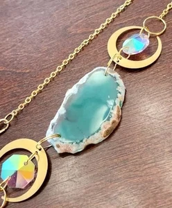 Agate Slice Necklace Geode Natural Blue / Green Pendant Moons Iridescent Gems - Picture 1 of 12