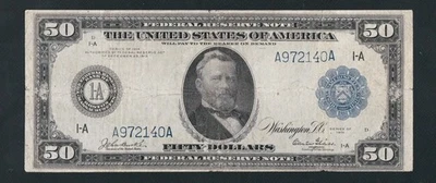 RARE BURKE/GLASS 6 DIGIT SERIAL NUMBER 1914 $50 FEDERAL RESERVE NOTE  - Image 1 of 2