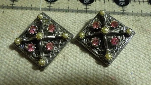 orecchini clip perle semi finti strass rosa vintage 1 x 1" tono argento - Foto 1 di 2