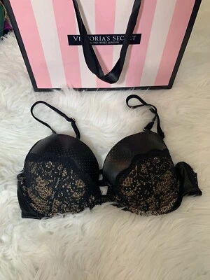 Victoria’s Secret 32C Bra Push Up Black Lace Faux Leather Nude Padded Underwire - Image 1 of 4