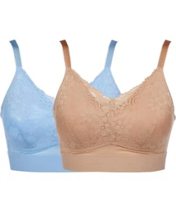 Rhonda Shear 2-pack Molded Cup Bra with Lace Overlay Dusky Sky/Beige - Picture 1 of 1