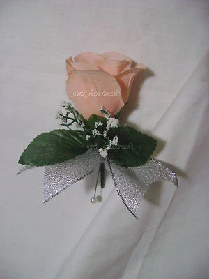 Peach*Wrist*Pin*corsage*Boutonniere*with silver ribbon*Prom*Wedding*Quinceanera - Image 1 of 3