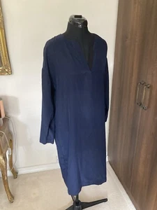 Original Jaeger Navy Blue Pure Silk Long Sleeve V Neck Dress Sz 12 Black Detail - Picture 1 of 10