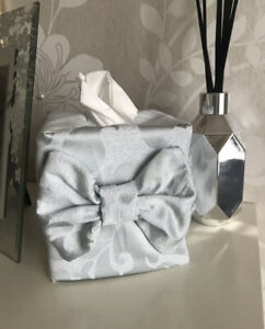 💗Boutique Lined Tissue Box Cover +Bow in Silver Self Patterned Fabric 💗