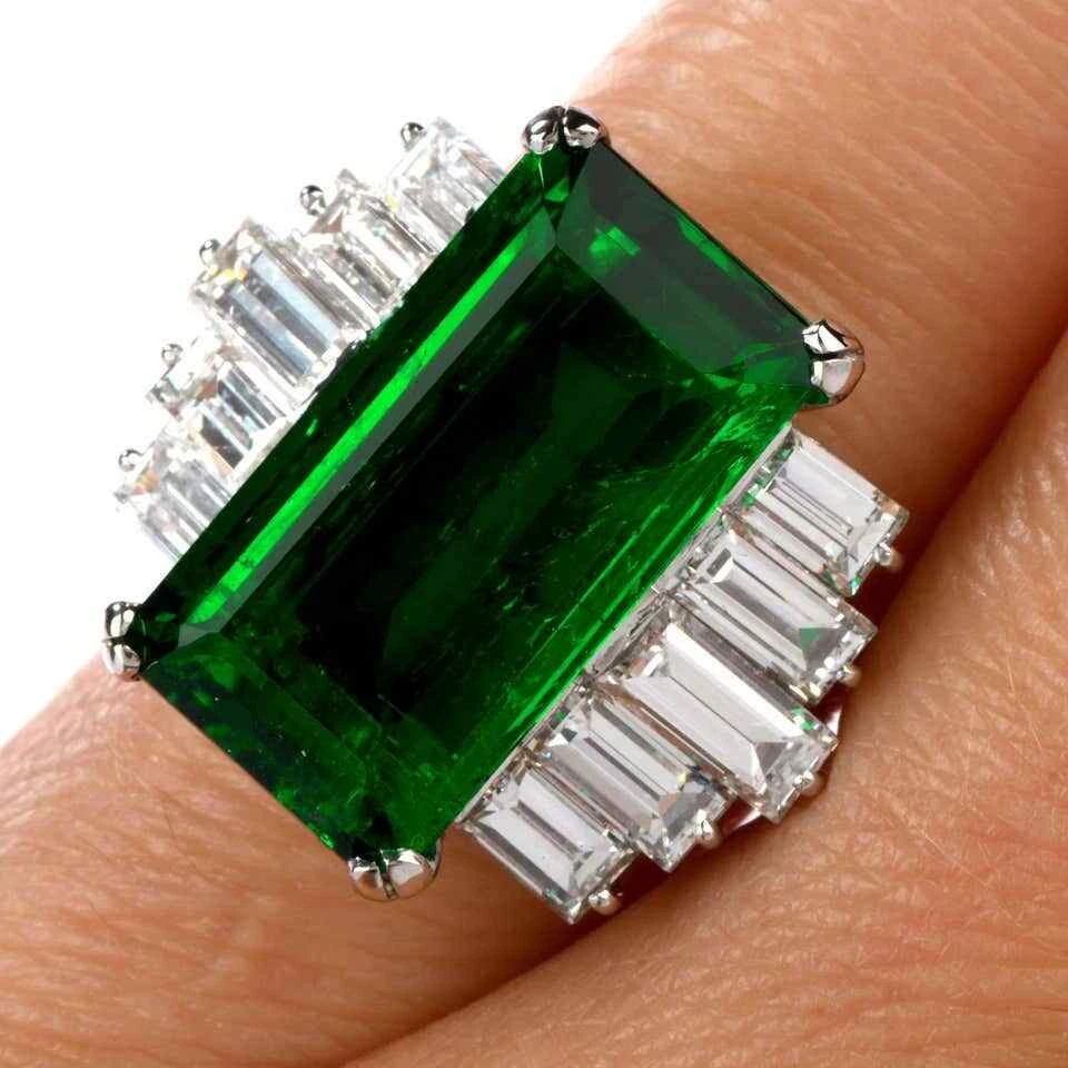 Редкое колумбийское кольцо ручной работы с изумрудом огранки 6,48 карата с фианитом багетной огранки - Изображение 1 из 4