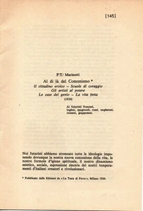 FT - Jenseits des Kommunismus - F.T. Marinetti - Ed.Testa Ferro 1920 Reprint 1980 - Bild 1 von 1