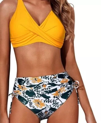 Traje de baño Aqua para mujer de cintura alta torcido frontal con cordones fruncido 2 piezas Foto 1 de 4