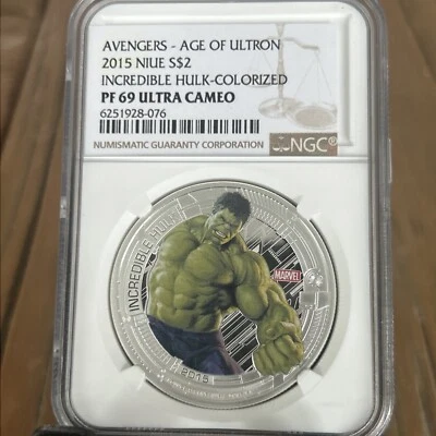 2015 AVENGERS AGE OF ULTRON INCREDIBLE HULK-COLORIZED PF 69ULTRA CAMEO 1oz NGC - Image 1 of 4