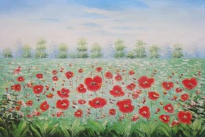 24x36 Roter Mohn Feld Bäume Blauer Himmel Ölgemälde Impressionismus Landschaft - Bild 1 von 1