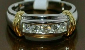 0.50Ct Round Moissanite Men's Wedding Band 14K Two Tone Gold Plated - Picture 1 of 3