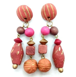 Long Earrings Pink Fuchsia & Gold Cluster Runway Statement Original Vintage Gift - Picture 1 of 9