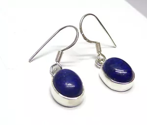Handmade 925 Sterling Silver Oval Lapis Lazuli Drop Earrings + Gift Bag 30 x 8mm - Picture 1 of 7