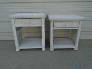 2 Wicker Nightstands Cottage Coastal Tropical Rattan shabby chic Beach Pair Whit - Picture 1 of 12