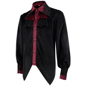 Men Gothic Lace Velvet Shirt Top Victorian Retro Steampunk Button Ruffle Summer - Picture 1 of 12