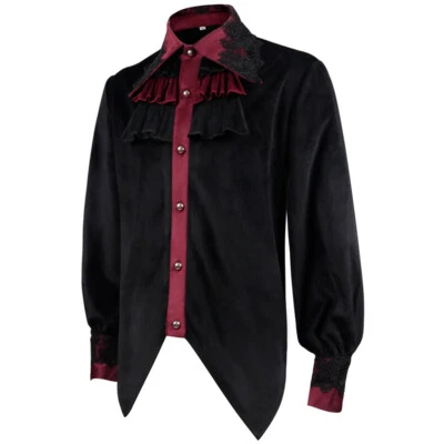 Men Gothic Lace Velvet Shirt Top Victorian Retro Steampunk Button Ruffle Summer - Image 1 of 4