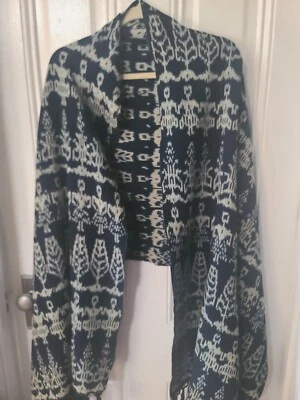 Large Shawl Wrap Scarf Hand Loom Woven Fringe Indigo Gray 28"x83" Excellent! - Image 1 of 4