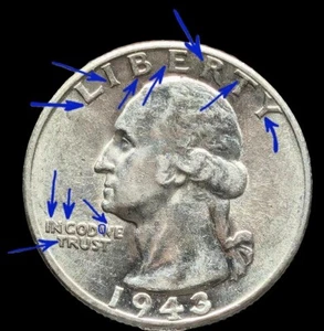 1943 P Washington 25C BU Errors: DDO- 7 on W in Moto- Eagle Wound, broken beak - Picture 1 of 6