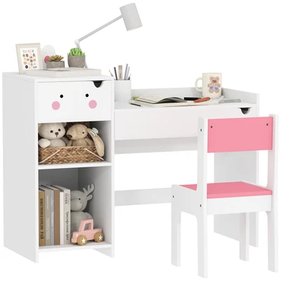 Juego de Mesa y Silla Infantil Blanco MDF 96x40x80cm Diseño Conejo con Cajón Foto 1 de 4