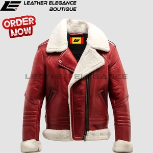 Men's Aviator Shearling Leather Jacket – Bomber Red Santa Sheepskin jacket - Picture 1 of 4