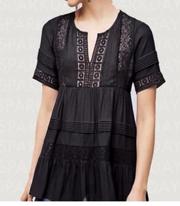 Maeve Anthropologie Tunika-Bluse schwarz gehäkelt V-Ausschnitt XS - Bild 1 von 9