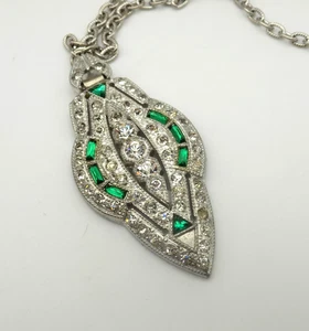 Antique Art Deco Rhodium Plated Pendant Necklace Green Clear Rhinestone - Picture 1 of 6