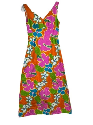 Vestido Vintage Años 60 Malihini Hawaii Diseñador Colección Maxi Floral Caliente Neón Foto 1 de 4