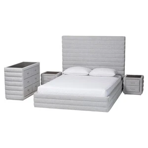 Baxton Studio Cadmus Gray Channel-Tufted Fabric King Size 4-Piece Bedroom Set - Picture 1 of 13