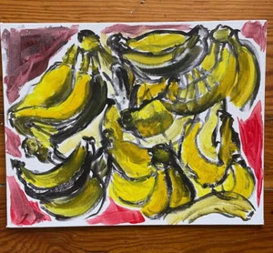 Still Life Yellow Banana Contemporary Outsider Art Canvas Painting Renault Folk - Picture 1 of 2
