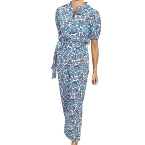 NWT Compania Fantastica 100% cotton blue white floral print wide leg jumpsuit M - Picture 1 of 13