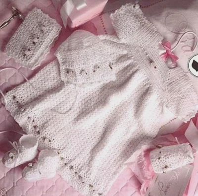 Christening Ensemble: thread crochet long or short gown bonnet booties bib + - Image 1 of 4