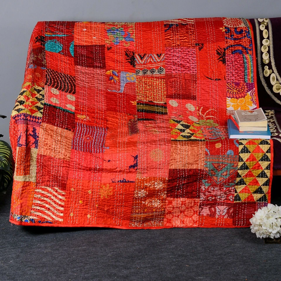 Indian Handmade Vintage Silk Patchwork Kantha Bedspread  Quilt Throw Blanket - Image 1 of 1