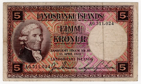1935-1947 ICELAND LANDSBANKI ISLANDS FIVE 5 KRONUR WORLD BANKNOTE NICE BILL 27-B Cover