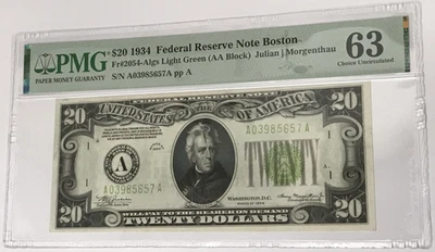 1934 $20 Federal Reserve Note Boston PMG 63 CU Uncirculated Fr#2054 Light Green - Image 1 of 2