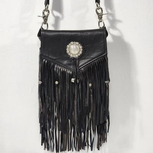 Bolso Bandolera Tribe America EE. UU. Negro Bronce Cuero Flecos Cuentas Plateadas Concho - Imagen 1 de 21