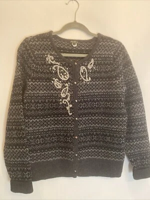 Cárdigan Suéter Eddie Bauer Faire Isle L Gris Corderos Lana Cachemira Bordado Foto 1 de 4