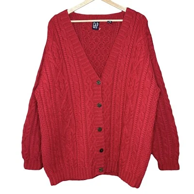 Vintage 90s Gap Red Chunky Heavy Hand Knit Wool Cardigan Sweater Mens Large - Image 1 of 4