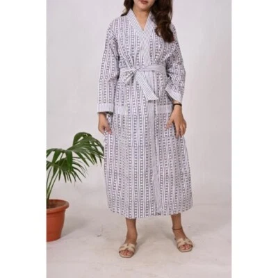 Bata kimono de algodón gris - Vestido envolvente de albornoz estampado a mano largo para mujer " Foto 1 de 4