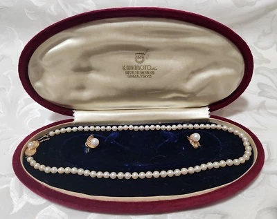 VINTAGE IN CASE K. MIKIMOTO 14 KT GOLD AND PEARL NECKLACE AND MATCHING EARRINGS - image 1 of 4