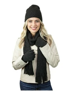 Schal 3 teiliges Set weich Strickset Mütze Beanie, Handschuh, Schal schwarz time & true - Bild 1 von 3