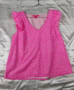 Lilly Pulitzer Tank Top Womens XL Eyelet Ruffle Sleeve Embroidered Floral Summer - Picture 1 of 11