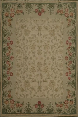 Intricate Floral Aubusson Area Rug 8x10 for Stylish Homes Ivory Handmade Carpet - Image 1 of 4
