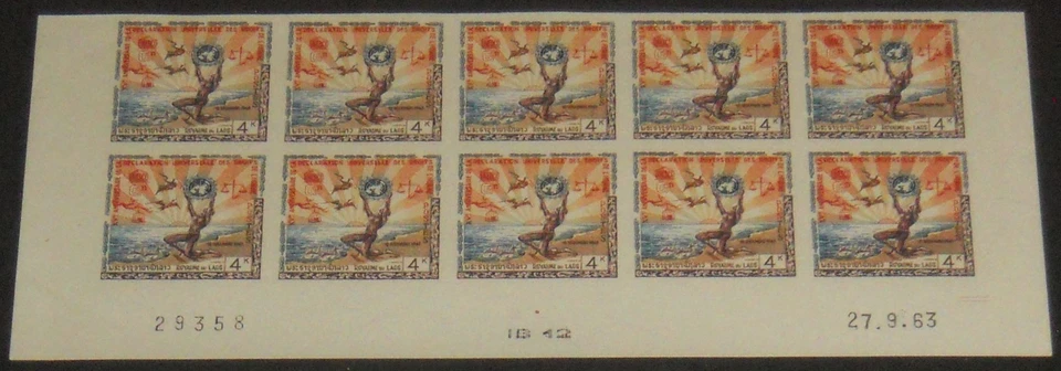 Laos 88 Derechos Humanos DUDH IMPERF bloque de inscripción de 10 NH Foto 1 de 1