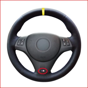 Yellow Marker Black Leather Steering Wheel Cover for BMW M Sport M3 E90 E91 E82 - Picture 1 of 3